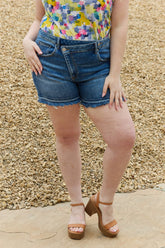 RISEN Maya Full Size Mid Rise Asymmetrical Shorts Medium OutfitFlow